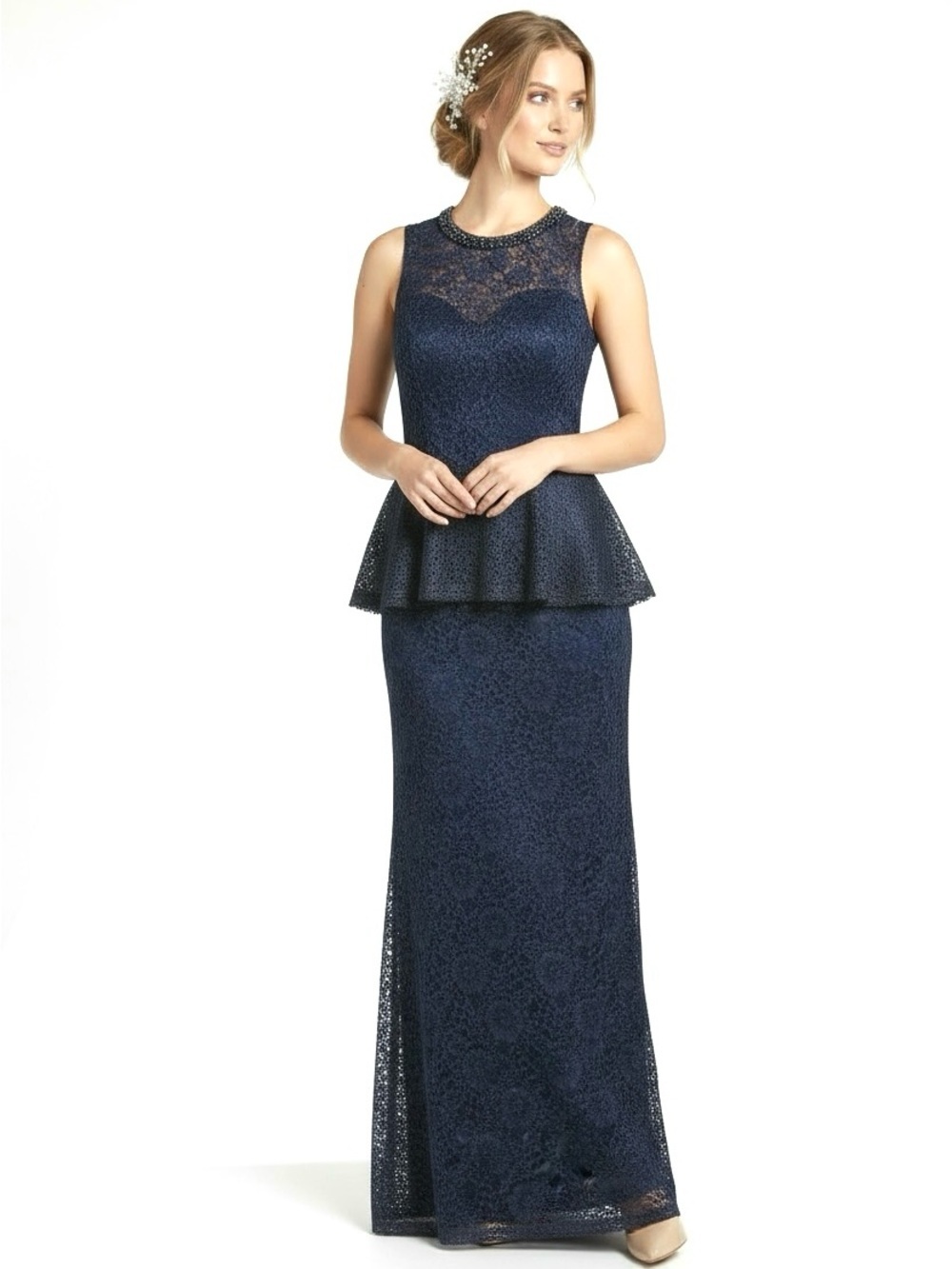 Teri Jon Midnight Blue Sleeveless Lace Maxi Dress Small Train Women’s Size 14